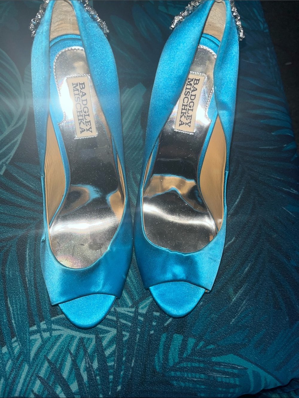Badgley Mischka Turquoise Satin Peep-Toe Heels with Crystal Accent